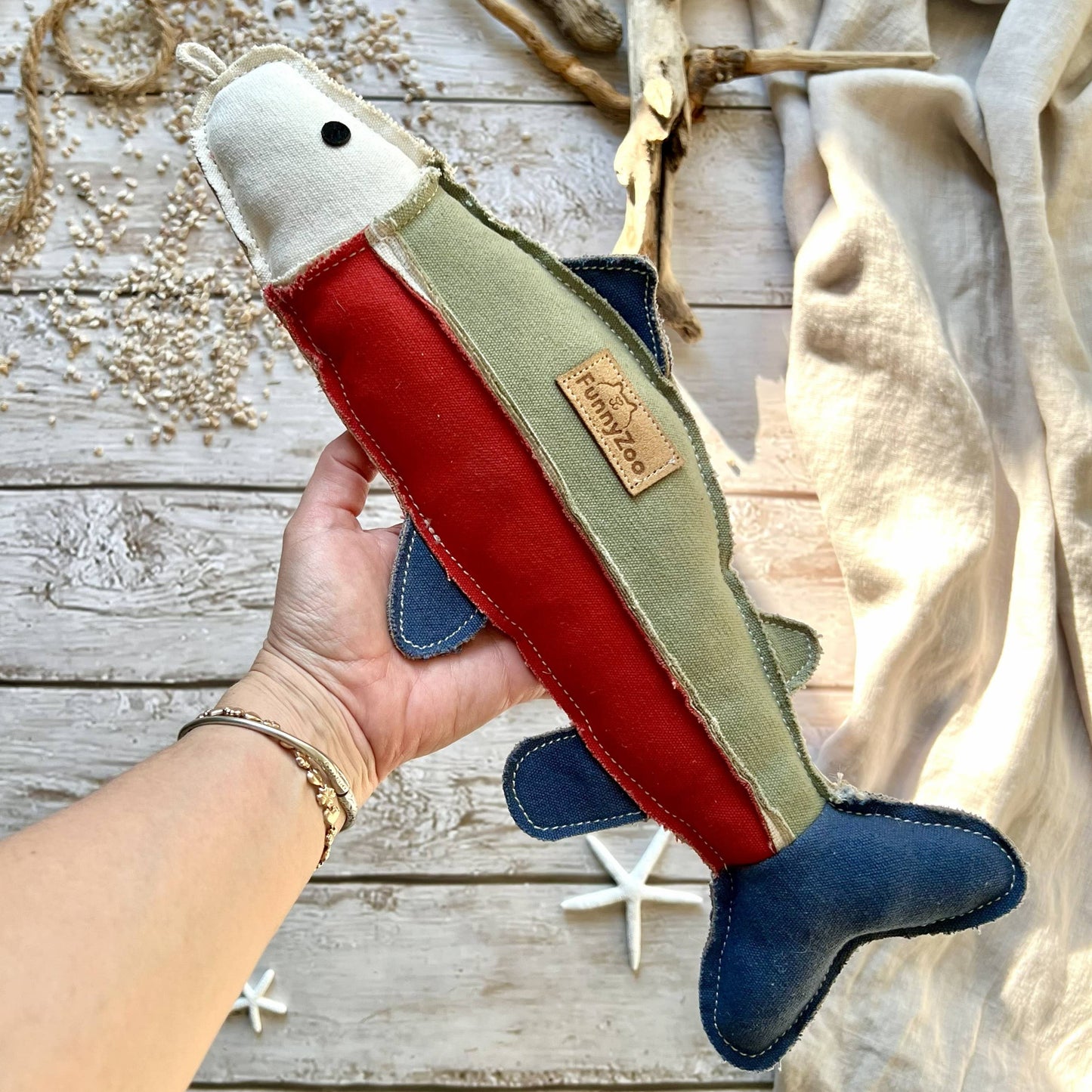 Poisson truite en toile de coton robuste avec fibre de coco - Jouet naturel pour chien