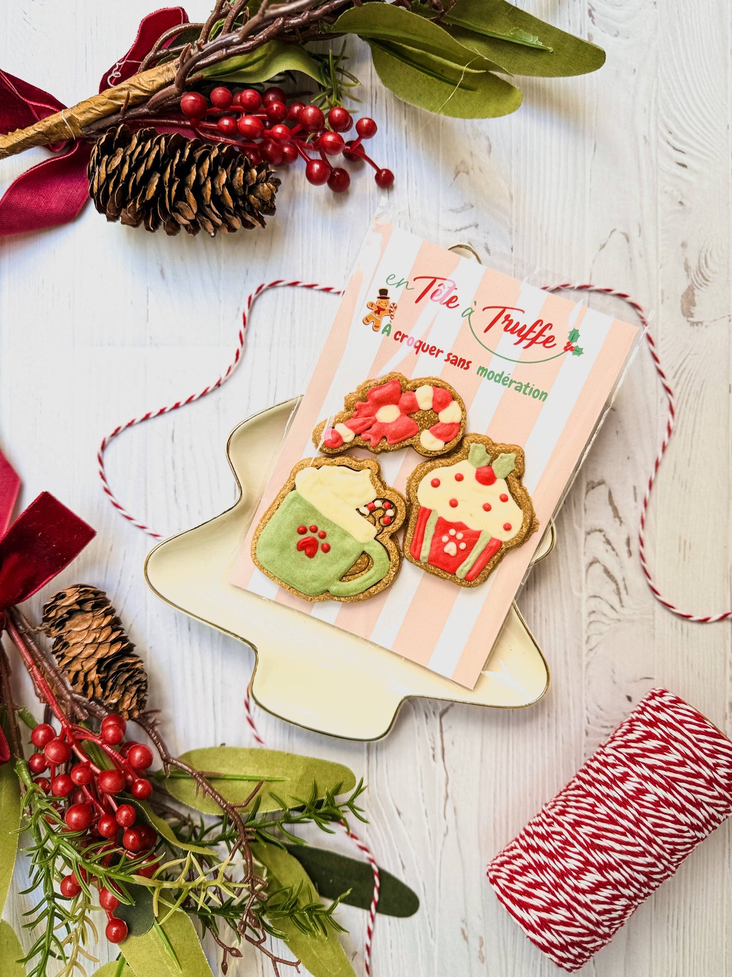 🎄 Trio de biscuits de Noël artisanaux pour chiens – Tasse de chocolat chaud, Cupcake et Sucre d'orge🎁
