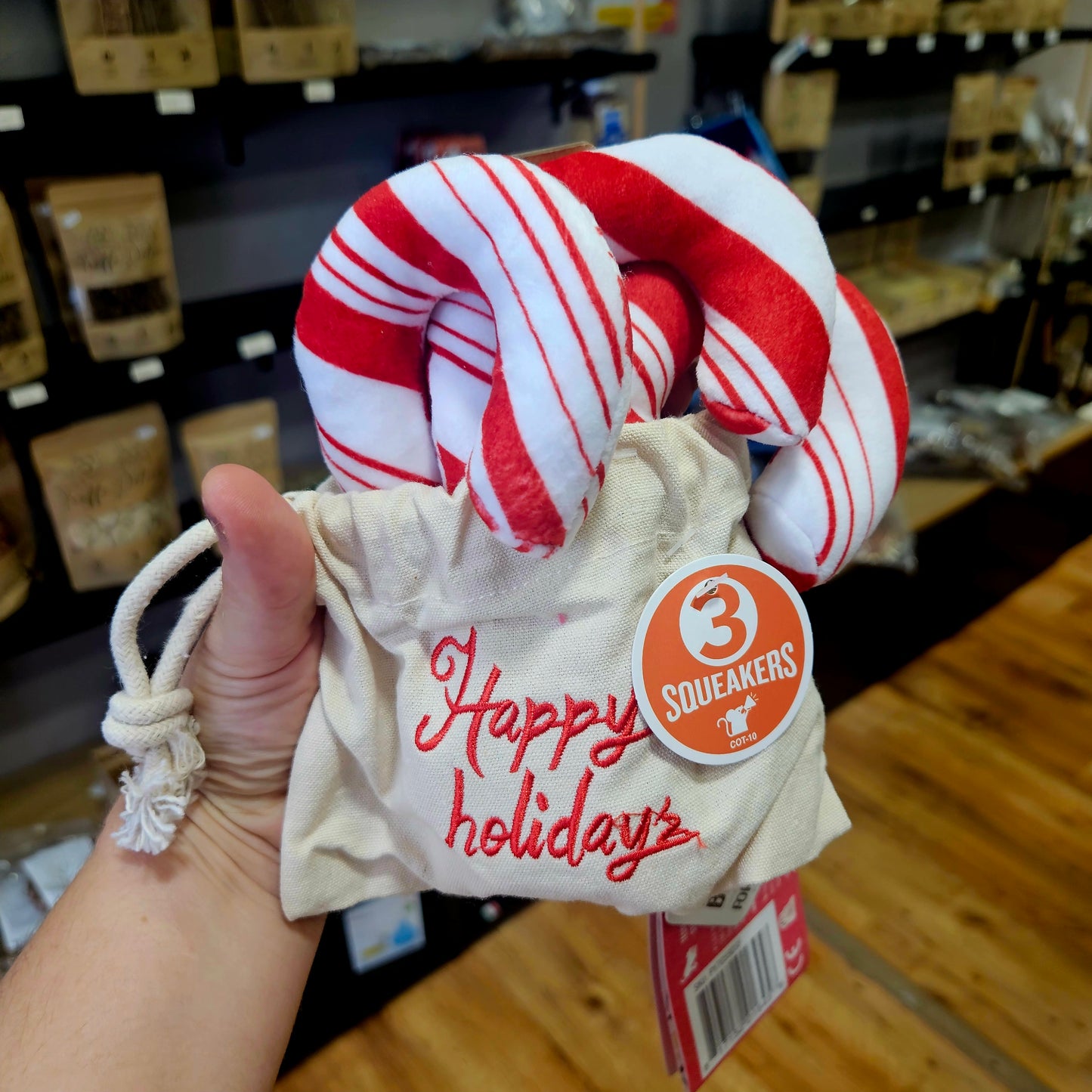 Peluche de Noël – 3 Sucres d’Orge & Pochon - jouet pour chien